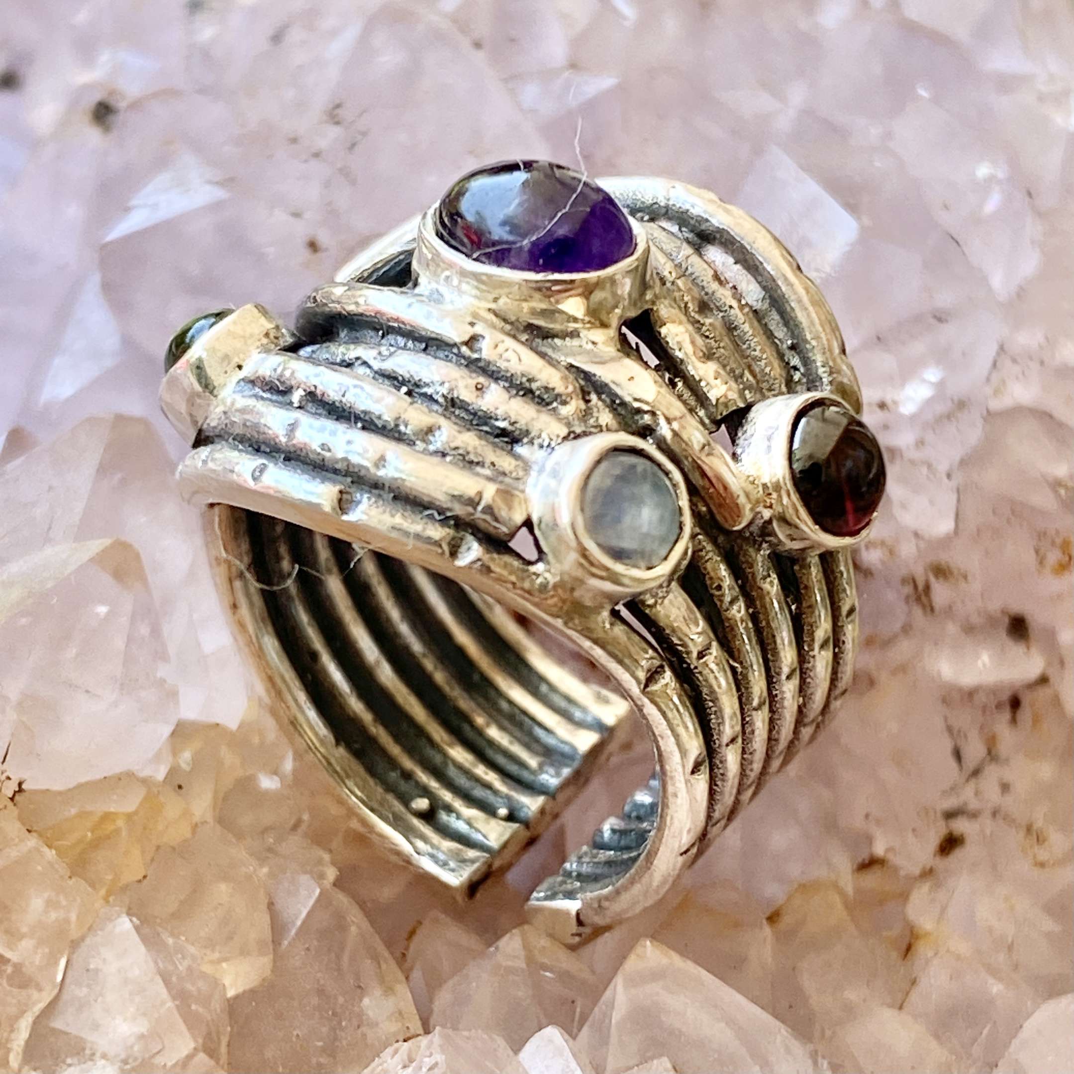 (HANDMADE 925 BALI STERLING SILVER BAMBOO RING WITH MIX STONE )